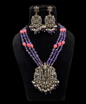 Victorian Style Violet Beads and Coral Tulips Long Necklace Set with Ram Darbar Pendant and Earrings -JSK001RDVT