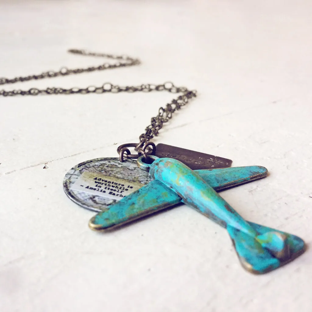 wander // distressed patina airplane, quote & map adventure necklace