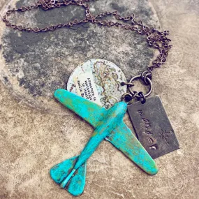 wander // distressed patina airplane, quote & map adventure necklace