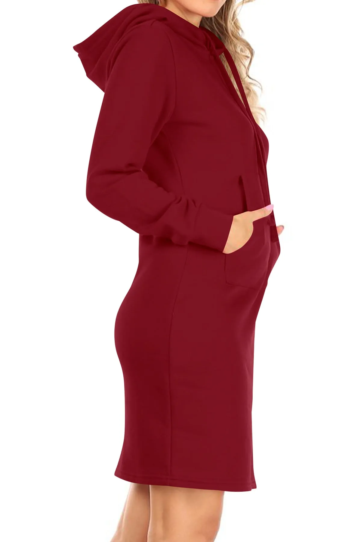 Women's Long Sleeve Fleece Pull On Mini Midi Solid Hooded Dress